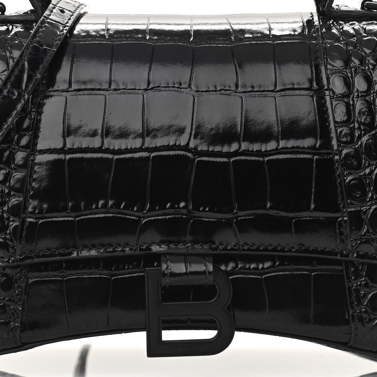 Shiny Calfskin Monochrome Crocodile Embossed Small Hourglass Top Handle Bag Black