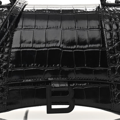 Balenciaga Shiny Calfskin Monochrome Crocodile Embossed Small Hourglass Top Handle Bag Black 7 of 10
