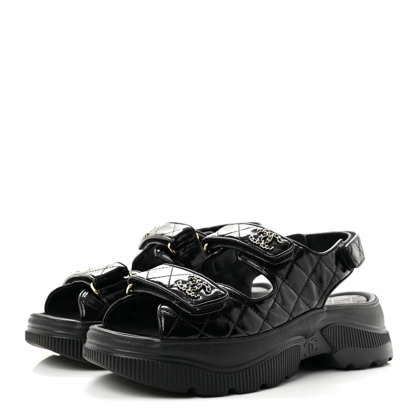 Shiny Calfskin Chain CC Velcro Dad Platform Sandals  38 Black