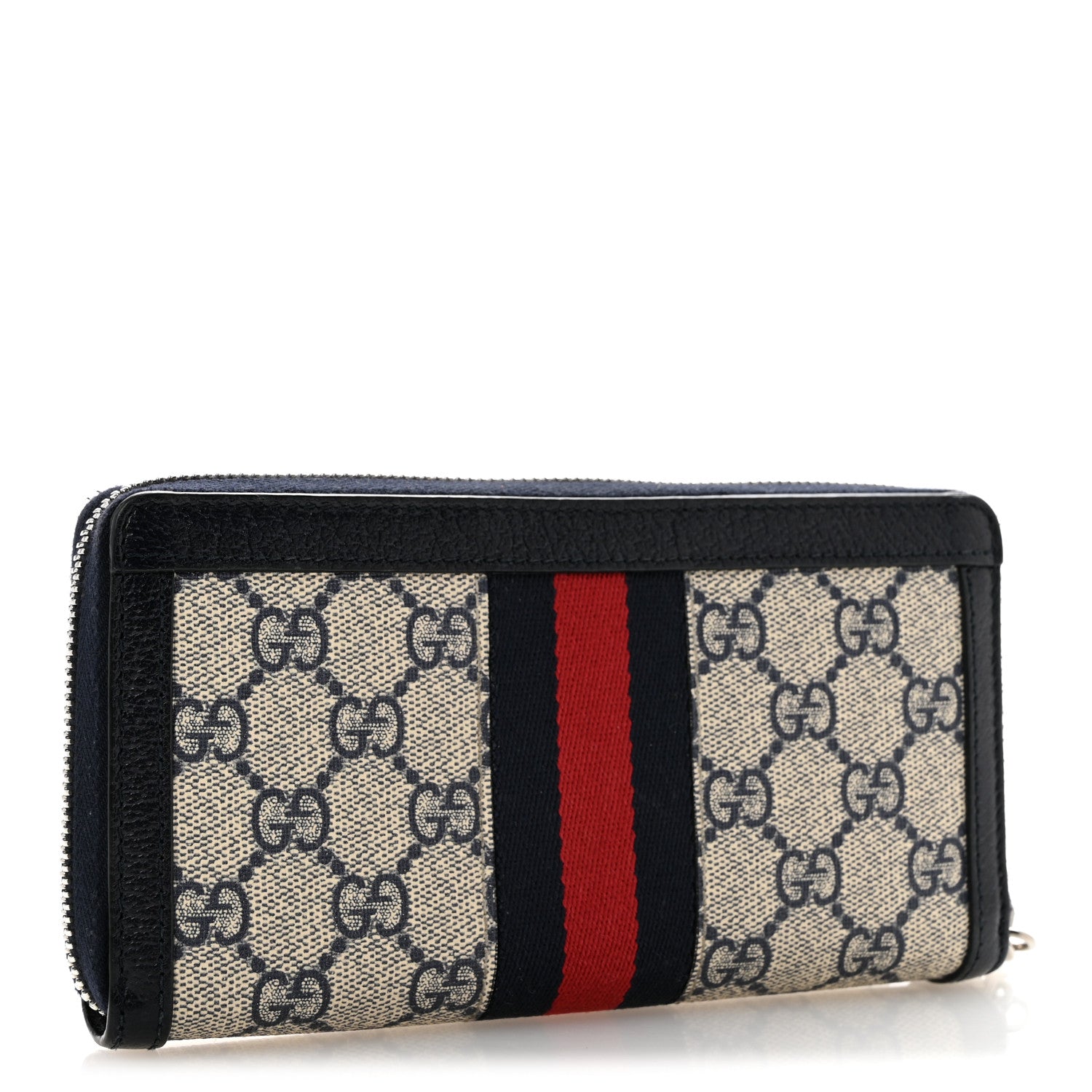 Gucci GG Supreme Monogram Textured Dollar Calfskin Web Ophidia Zip Around Wallet Beige Blue 3 of 11