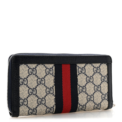 Gucci GG Supreme Monogram Textured Dollar Calfskin Web Ophidia Zip Around Wallet Beige Blue 3 of 11