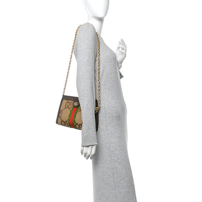 Gucci Monogram Jumbo GG Textured Dollar Calfskin Web Small Ophidia Chain Shoulder Bag Camel Ebony New Acero 2 of 10