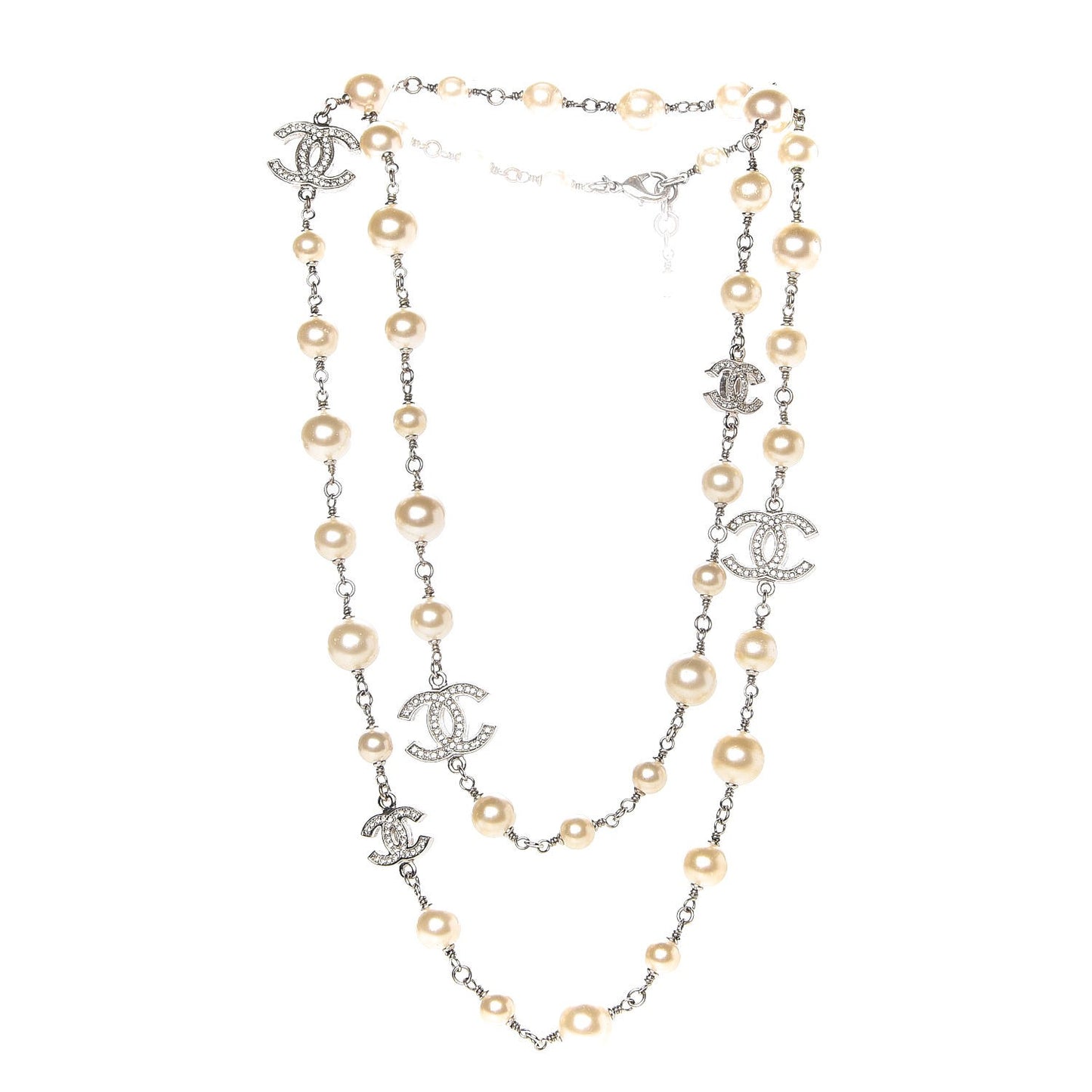 Crystal Pearl CC Long Necklace Silver