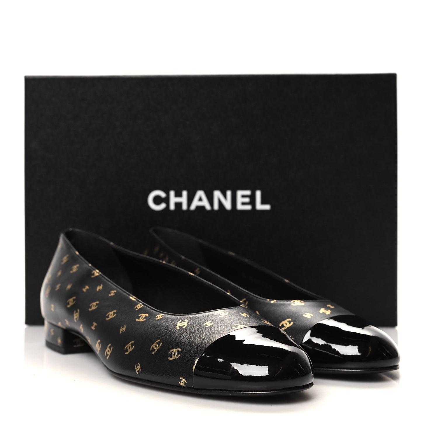 Lambskin Patent Calfskin Printed CC Cap Toe Ballerina Flats 38 Black Gold