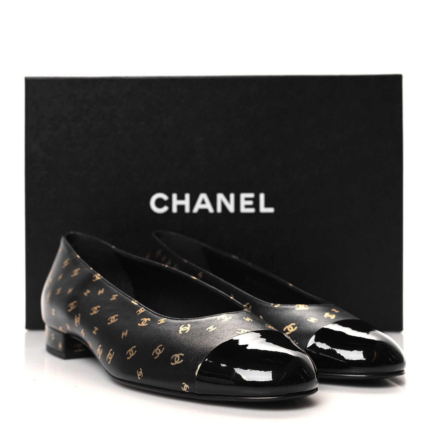 Chanel Lambskin Patent Calfskin Printed CC Cap Toe Ballerina Flats 38 Black Gold 9 of 9