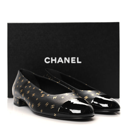 Chanel Lambskin Patent Calfskin Printed CC Cap Toe Ballerina Flats 38 Black Gold 9 of 9