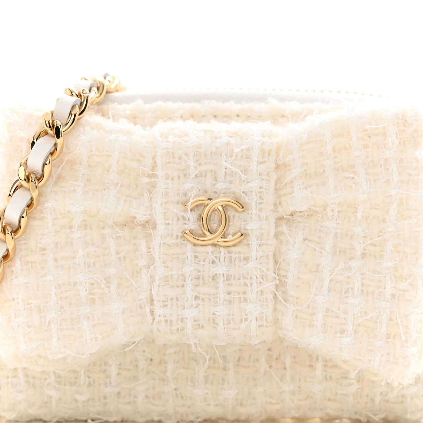 Tweed Quilted Bow Flap Card Holder On Chain White