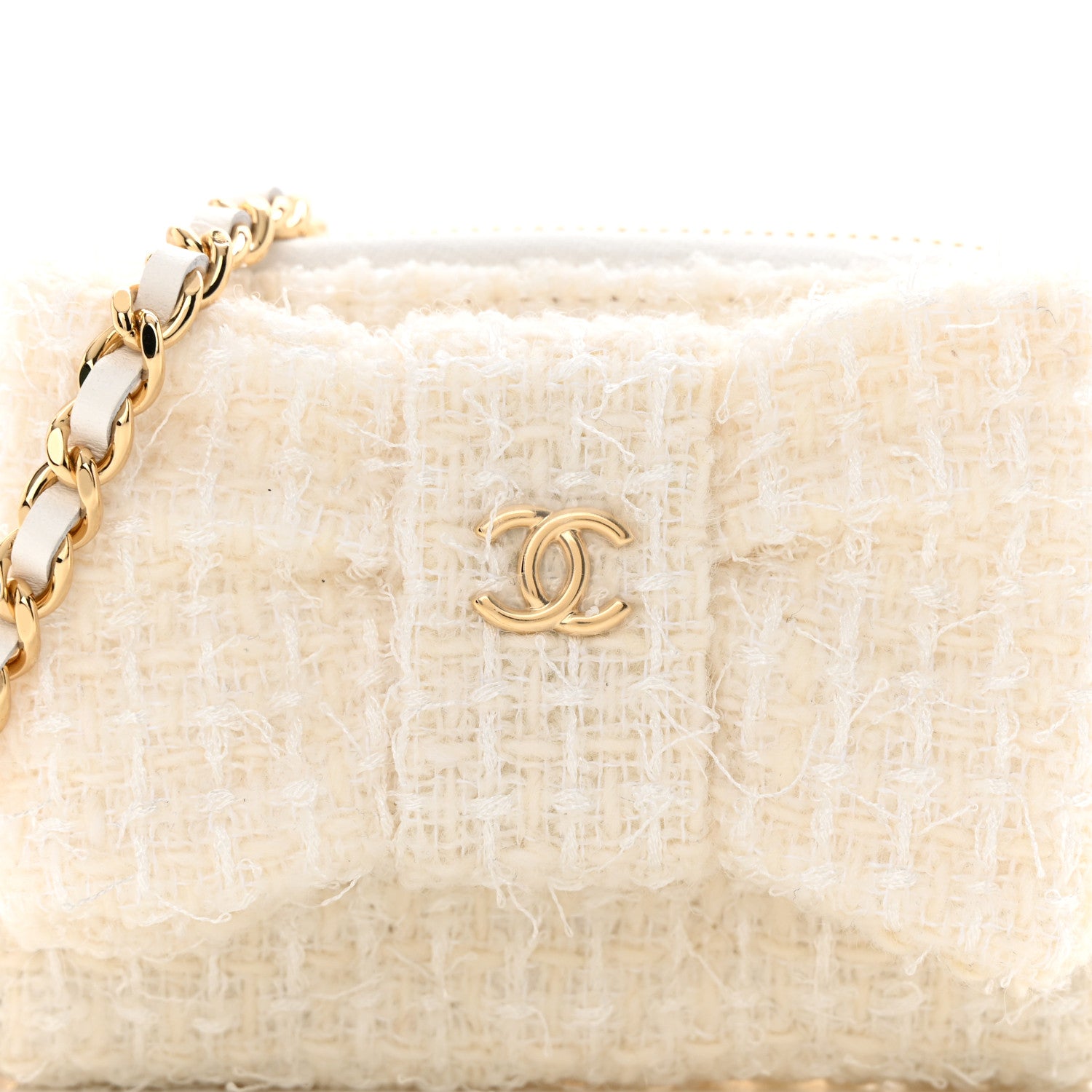 Chanel Tweed Quilted Bow Flap Card Holder On Chain White 8 of 12