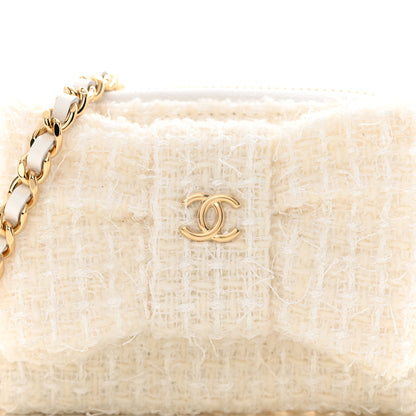 Chanel Tweed Quilted Bow Flap Card Holder On Chain White 8 of 12
