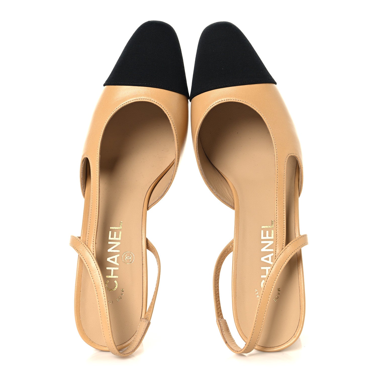 Chanel Goatskin Grosgrain Cap Toe CC Slingback Pumps 40.5 Beige Black 2 of 10