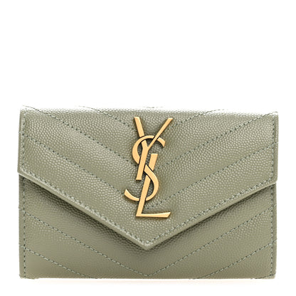 Saint Laurent Grain De Poudre Matelasse Chevron Small Monogram Envelope Wallet Light Sage 1 of 8