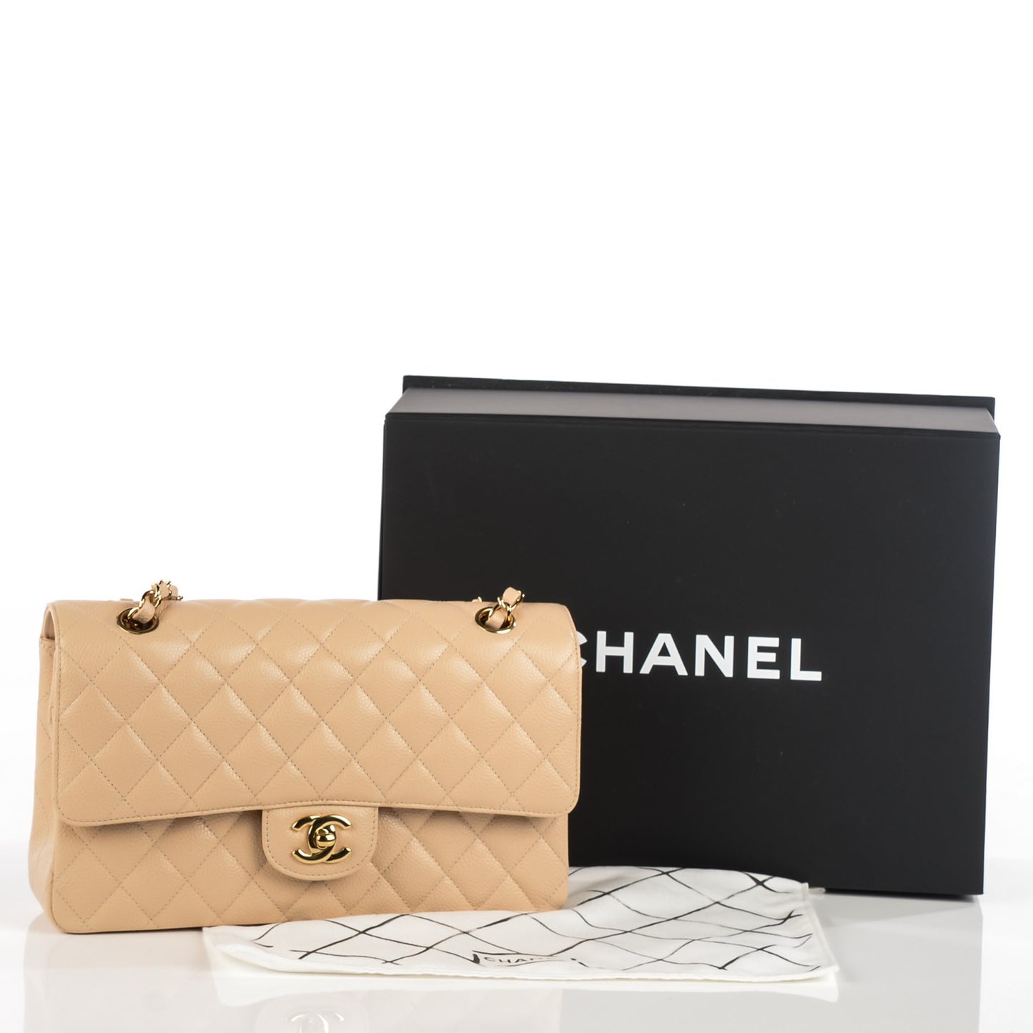 Caviar Quilted Medium Double Flap Beige Clair