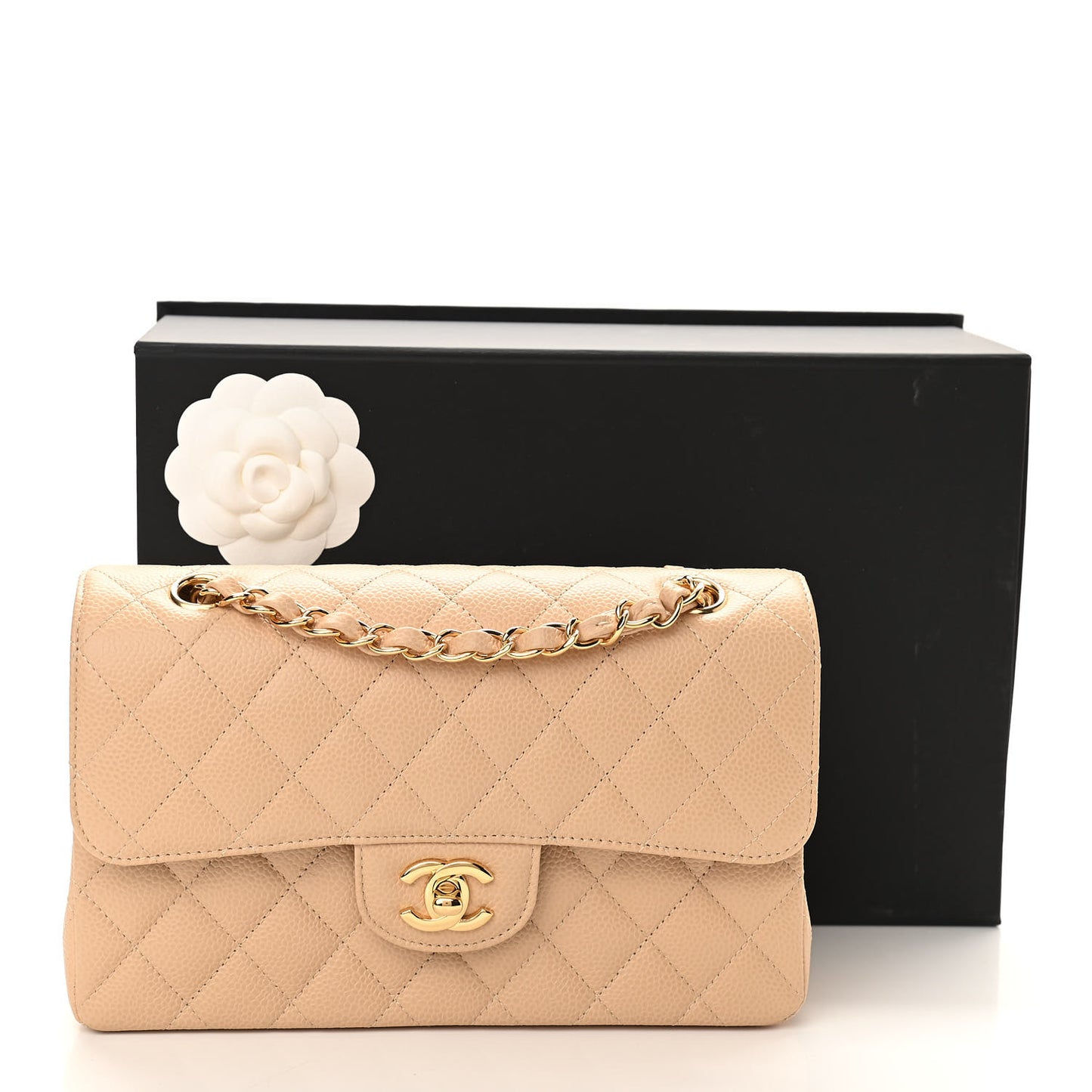 Caviar Quilted Small Double Flap Beige
