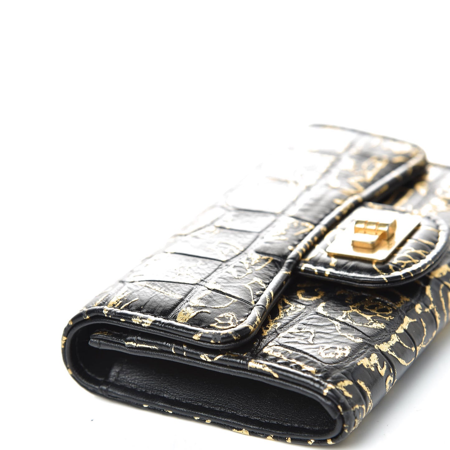 Calfskin Crocodile Embossed Graffiti Reissue Card Holder Wallet Black Gold