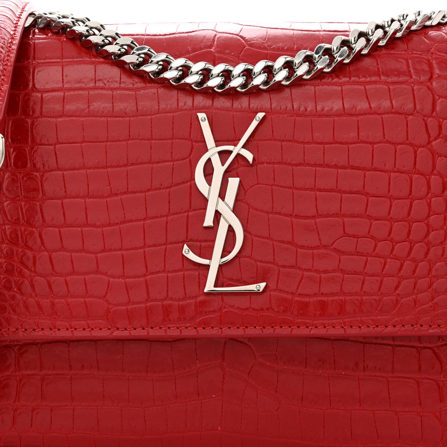 Calfskin Crocodile Embossed Medium Monogram Sunset New Red