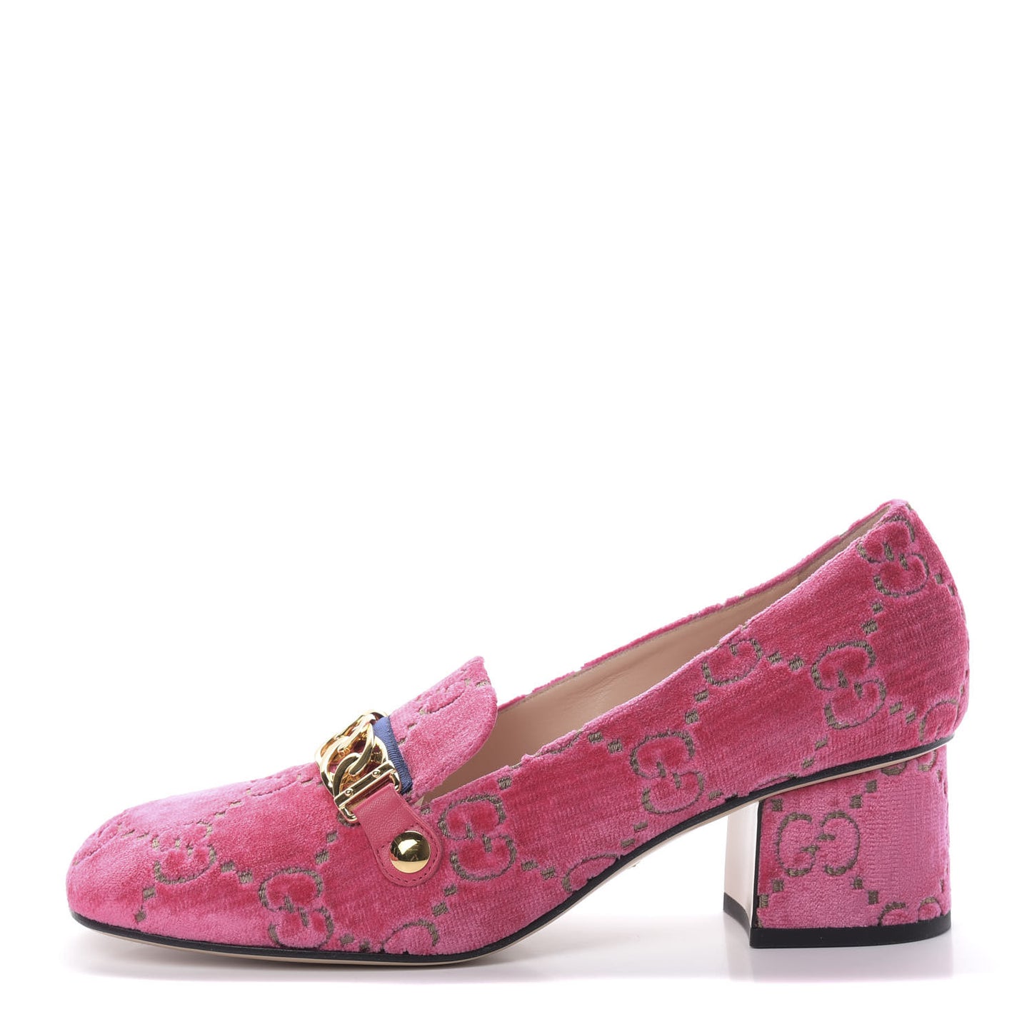 Velvet GG Monogram Sylvie Web Chain Mid Heel Loafers 40 Bright Pink