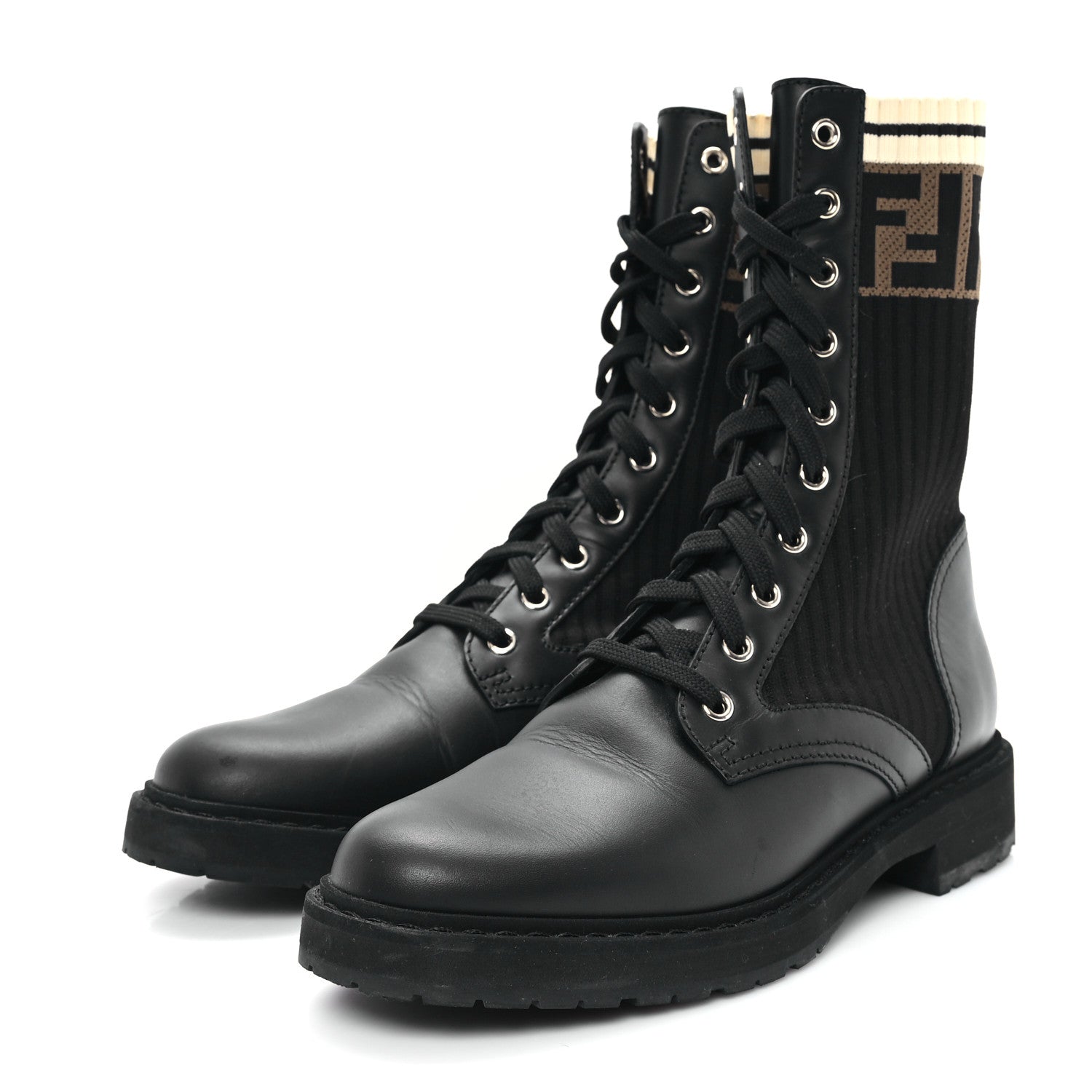Fendi Calfskin Stretch Fabric Rockoko Biker Boots 38.5 Tobacco Black Marino 4 of 9