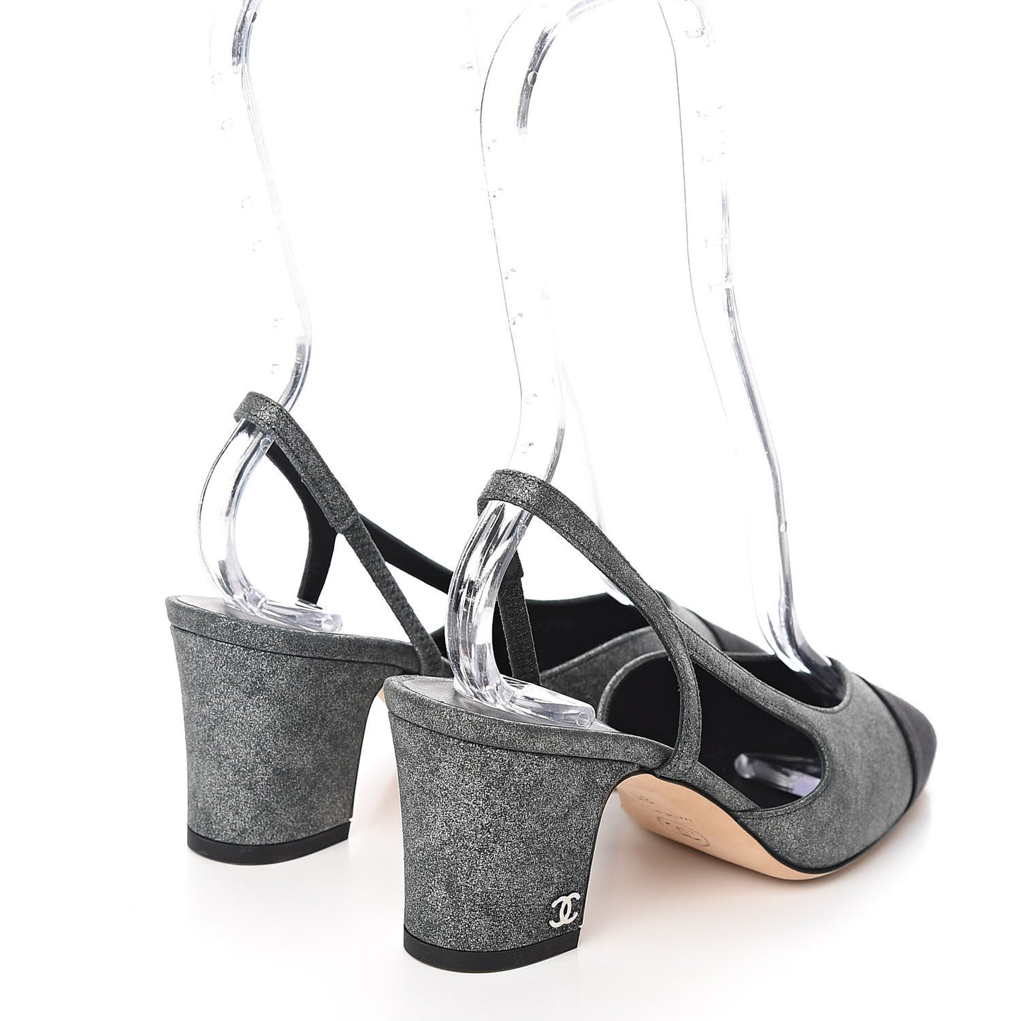 Lambskin Grosgrain Cap Toe CC Slingback Sandals 35 Black Silver