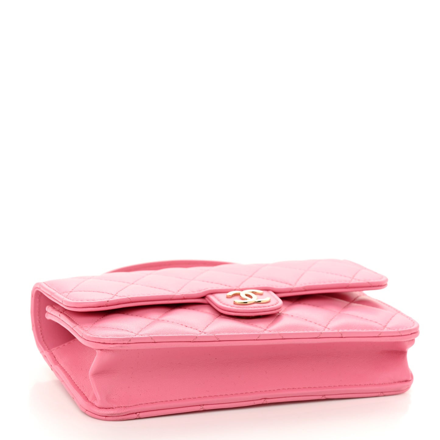 Lambskin Quilted Flap Phone Holder With Chain Pink