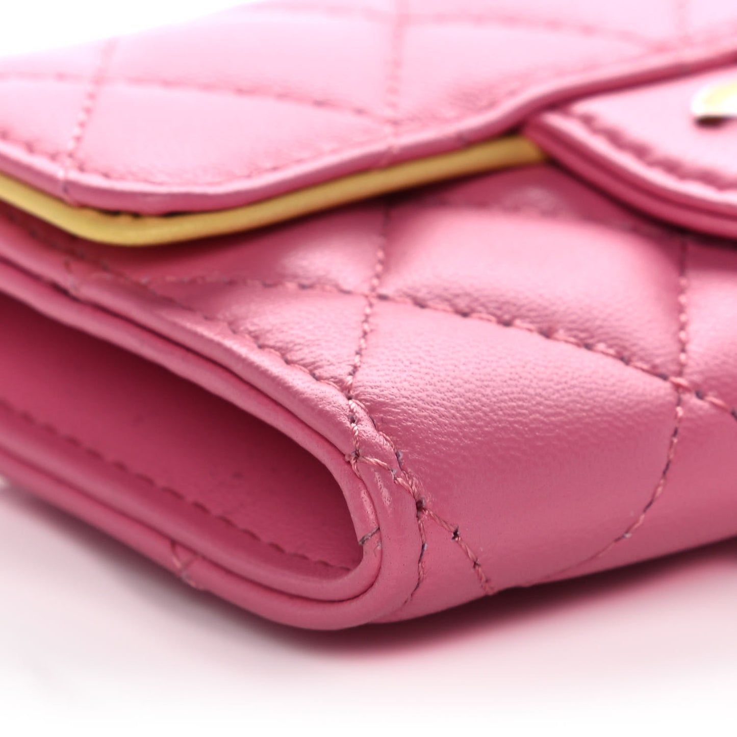Lambskin Quilted Flap Card Holder Wallet Pink Yellow