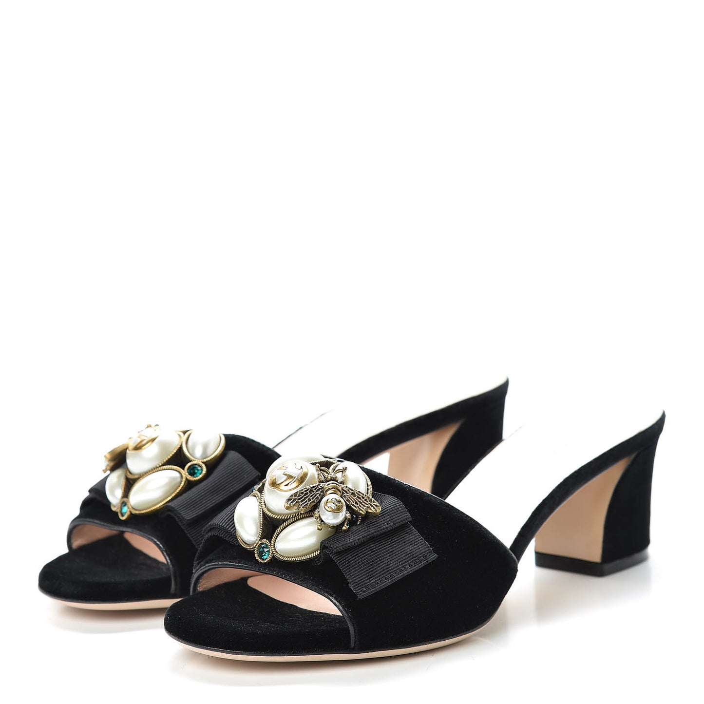 Velvet Etoile Pearl Embellished Mid Heel Slide Sandals 35.5 Black