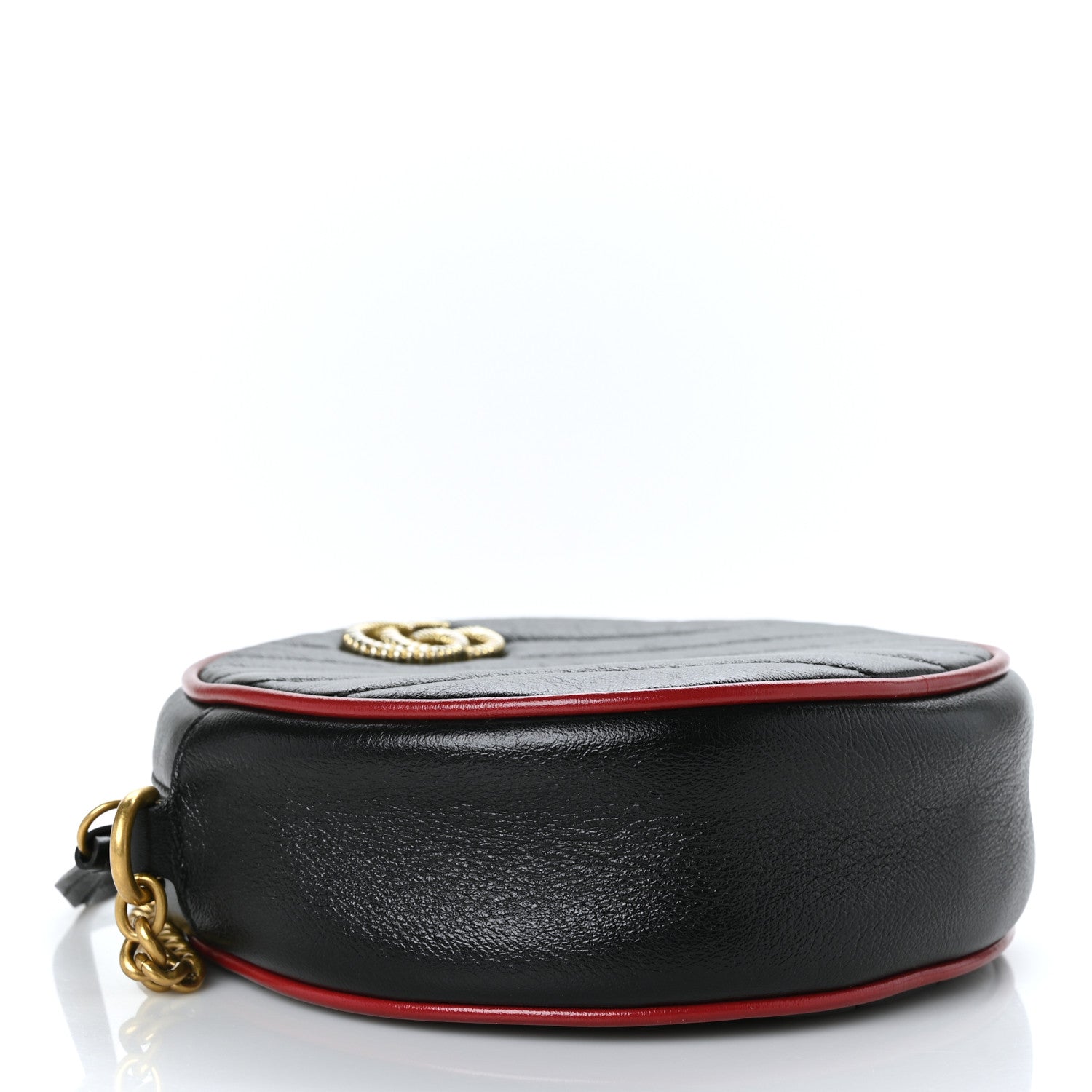 Gucci Vintage Effect Calfskin Matelasse Diagonal Mini Torchon GG Marmont Round Shoulder Bag Black Romantic Cherry 4 of 9