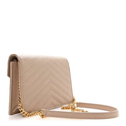Saint Laurent Grain De Poudre Matelasse Chevron Monogram Envelope Chain Wallet Dark Beige 3 of 11