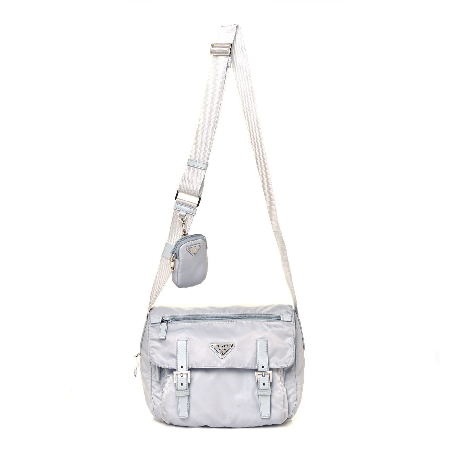 Re-Nylon Vela Saffiano Pocket Double Buckle Messenger Shoulder Bag Fiordaliso
