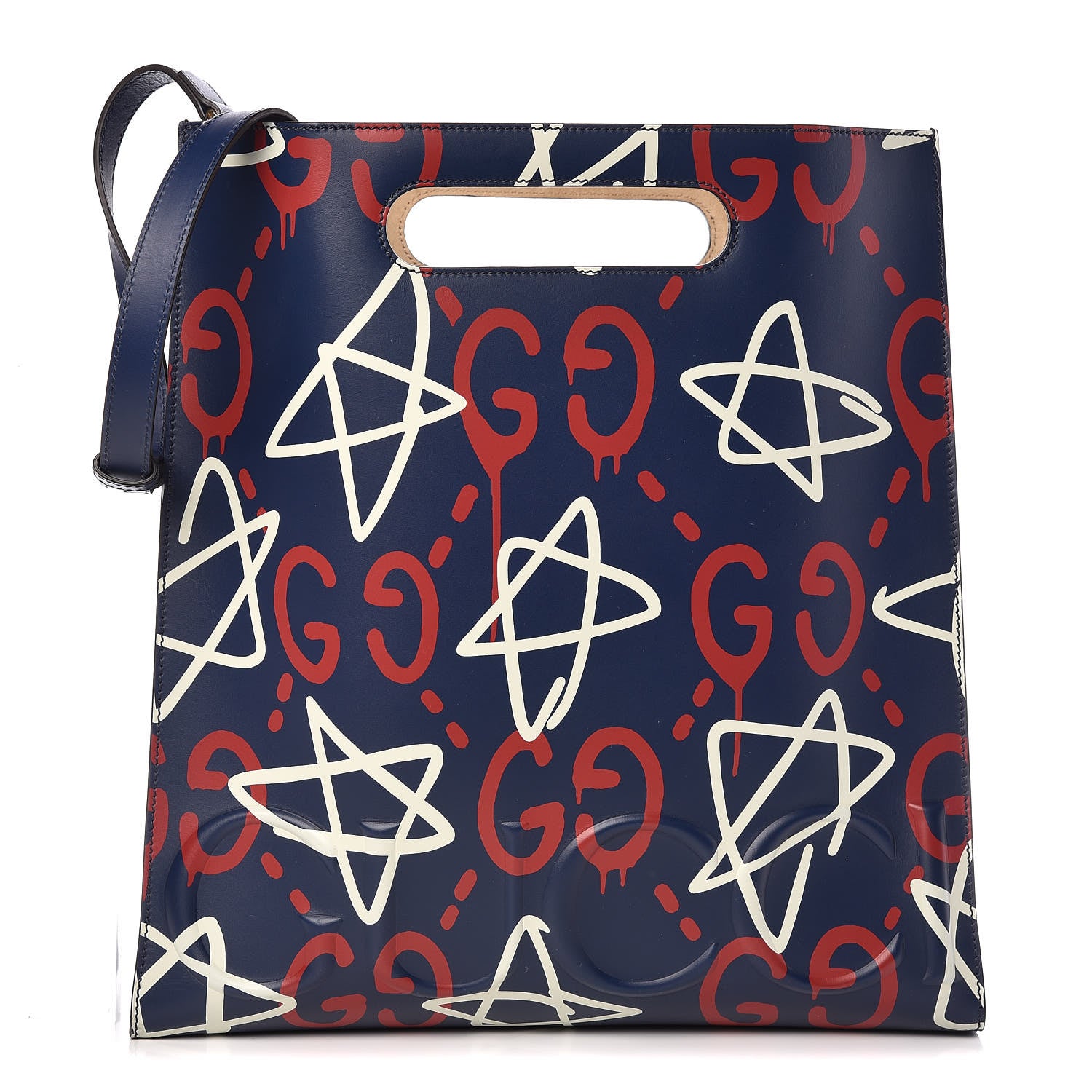Gucci Calfskin GucciGhost Medium XL Tote Blue Agata Hibiscus Red 1 of 9