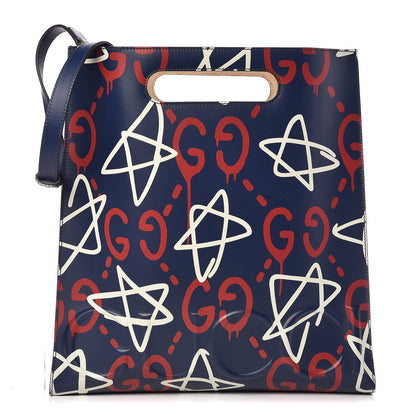 Gucci Calfskin GucciGhost Medium XL Tote Blue Agata Hibiscus Red 1 of 9