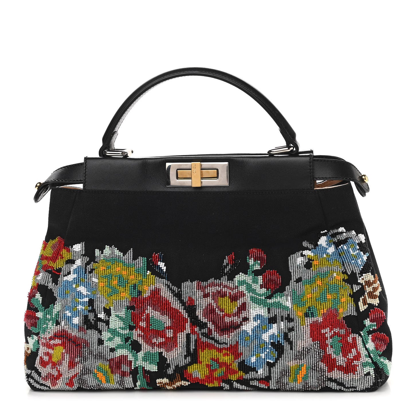 Canvas Beaded Floral Medium Peekaboo Iconic Satchel Black