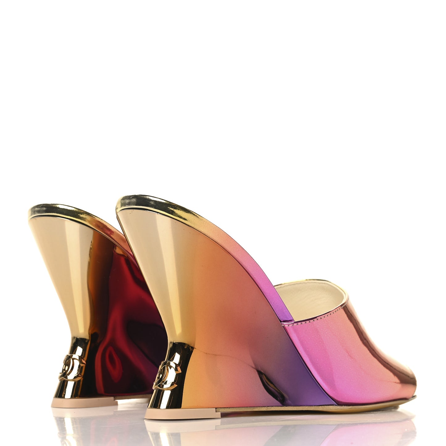 Laminated Calfskin Wedge Mules 36.5 Pink Orange Yellow