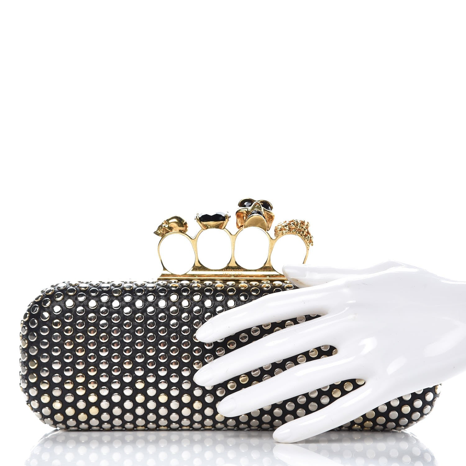 Alexander McQueen Lambskin Studded Skull Knuckle Box Clutch Black 2 of 17