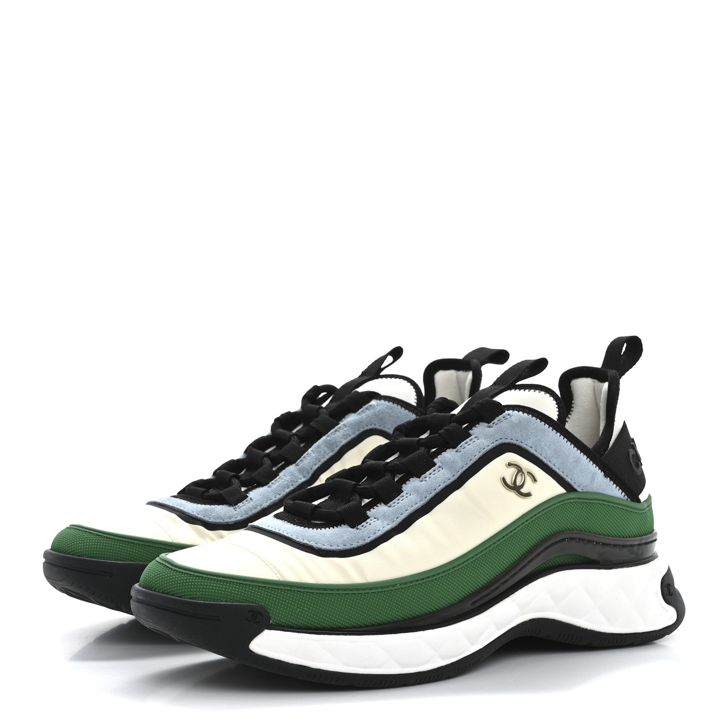 Chanel Suede Calfskin Mixed Fibers CC Sneakers 40 Ivory Green Light Blue 4 of 15