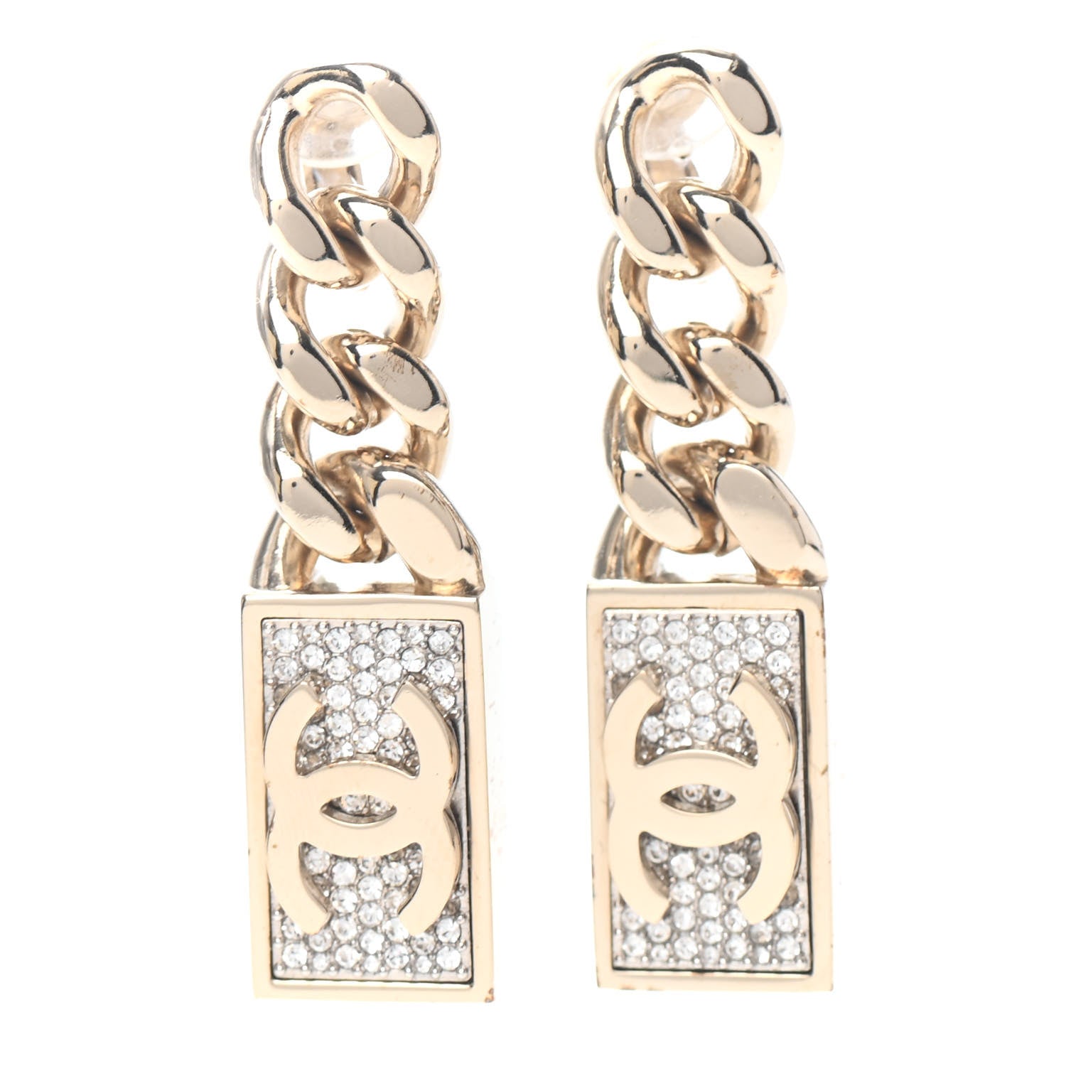Chanel Crystal Dog Tag Charm Clip On Earrings Gold 1 of 4