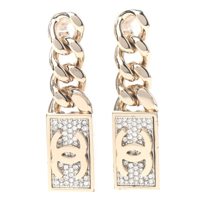 Chanel Crystal Dog Tag Charm Clip On Earrings Gold 1 of 4