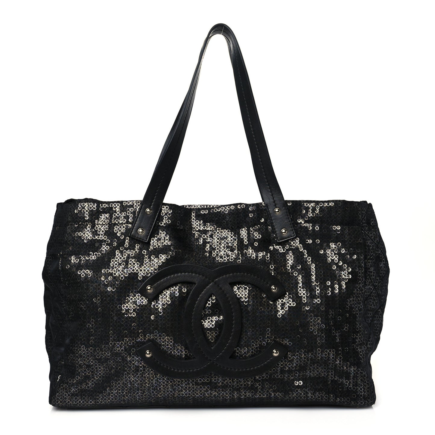 Calfskin Mesh Hidden Sequin CC Tote Black