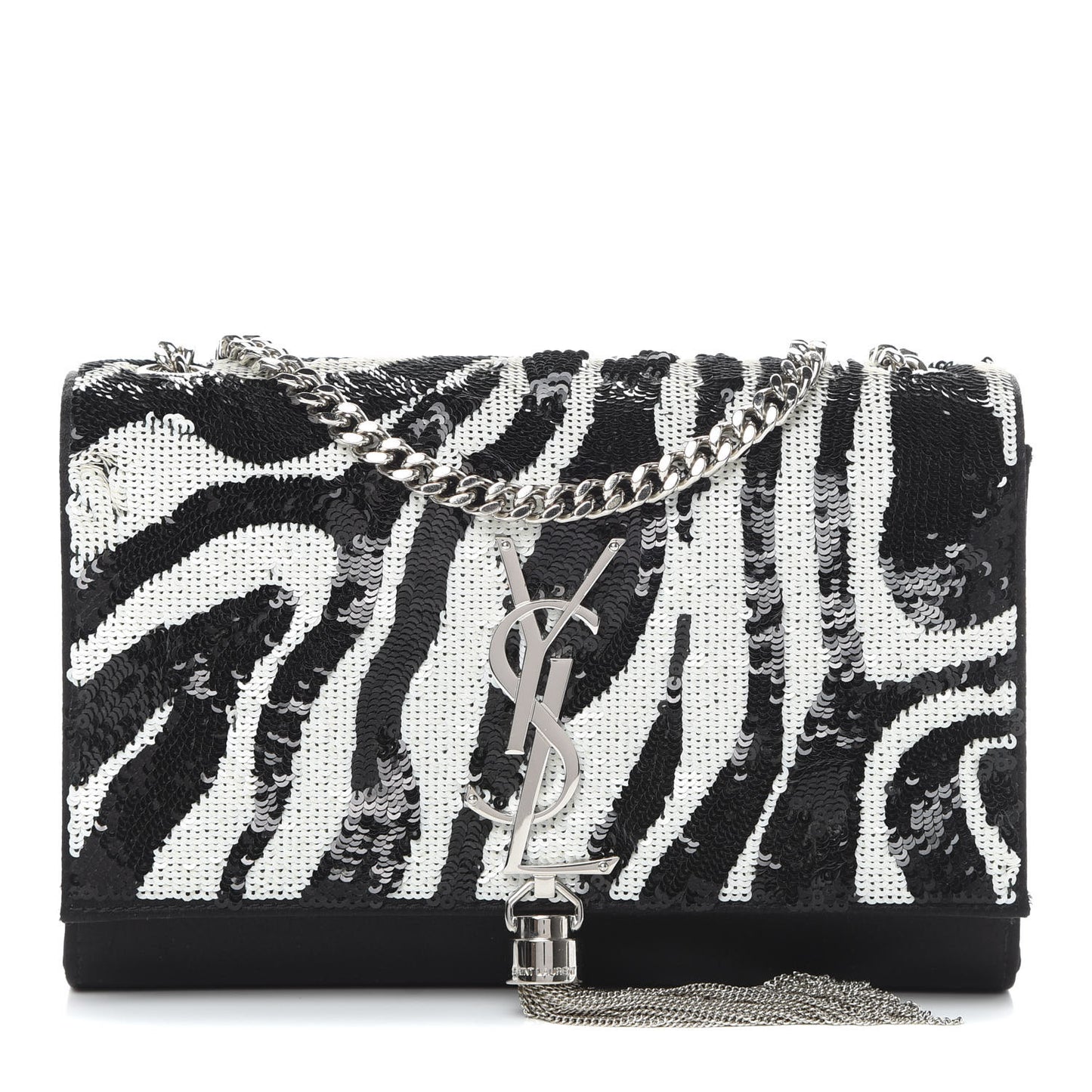 Satin Sequin Zebra Small Monogram Kate Tassel Satchel Black White
