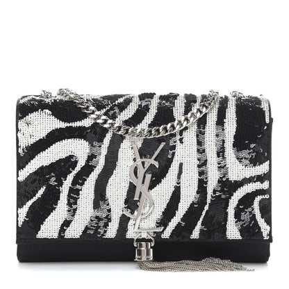 Saint Laurent Satin Sequin Zebra Small Monogram Kate Tassel Satchel Black White 1 of 11