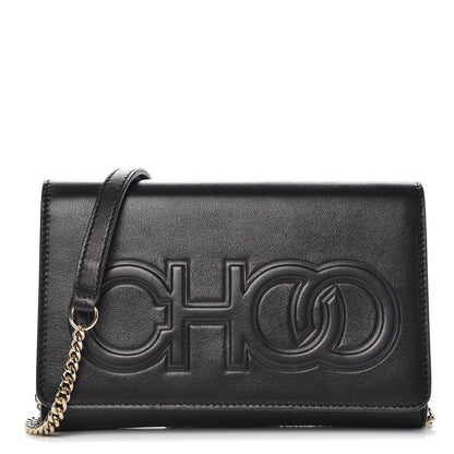 Jimmy Choo Lambskin Logo Emossed Wallet On Chain Black 1 of 9