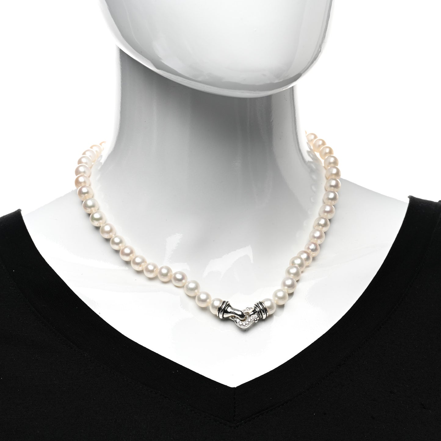 Sterling Silver Diamond Pearl 8-8.5mm Buckle Necklace