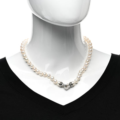 David Yurman Sterling Silver Diamond Pearl 8-8.5mm Buckle Necklace 2 of 4