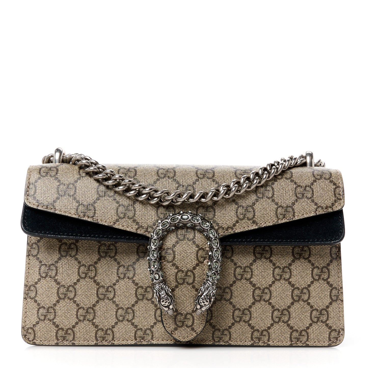 GG Supreme Monogram Suede Crystal Small Dionysus Shoulder Bag Beige Ebony Black