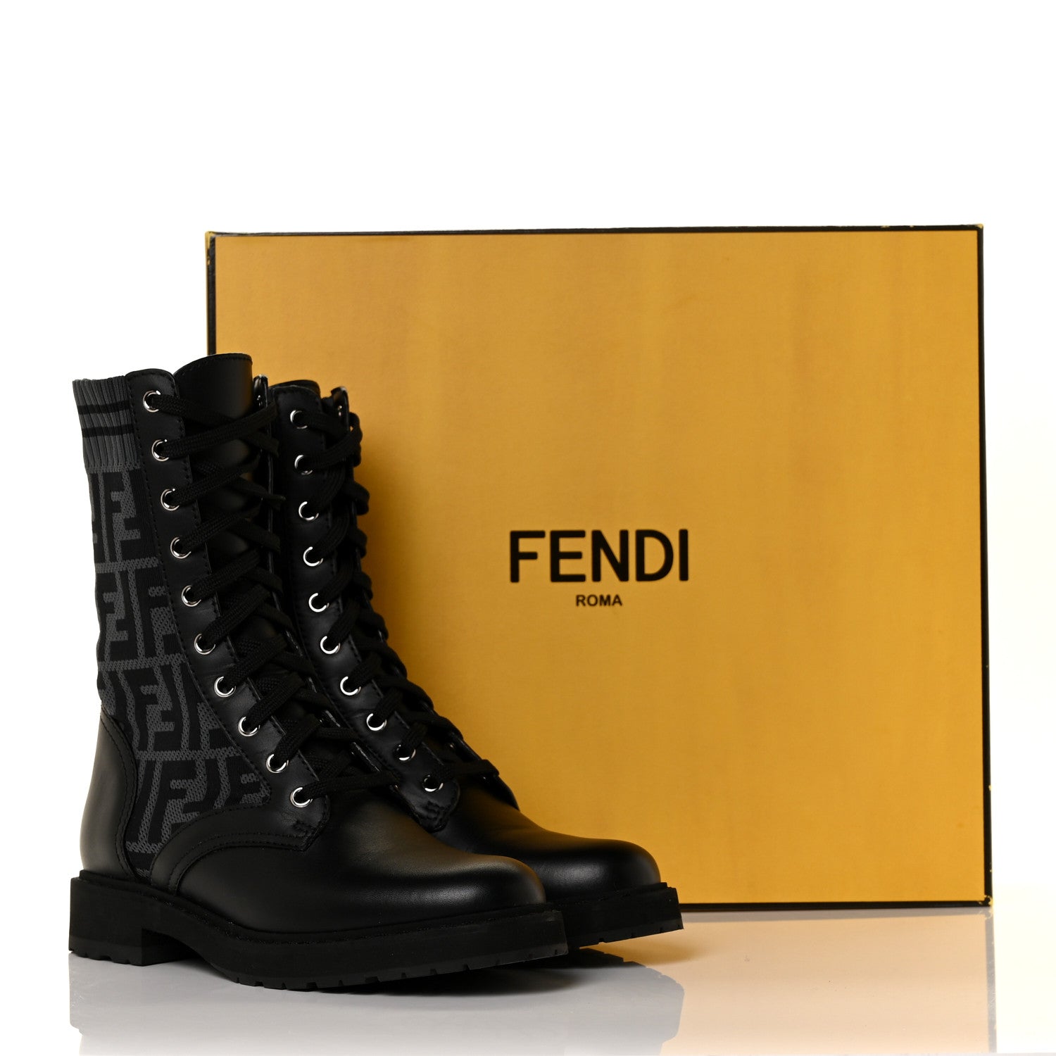Fendi Calfskin Stretch Fabric FF Rockoko Biker Boots 36 Black Charcoal 7 of 7