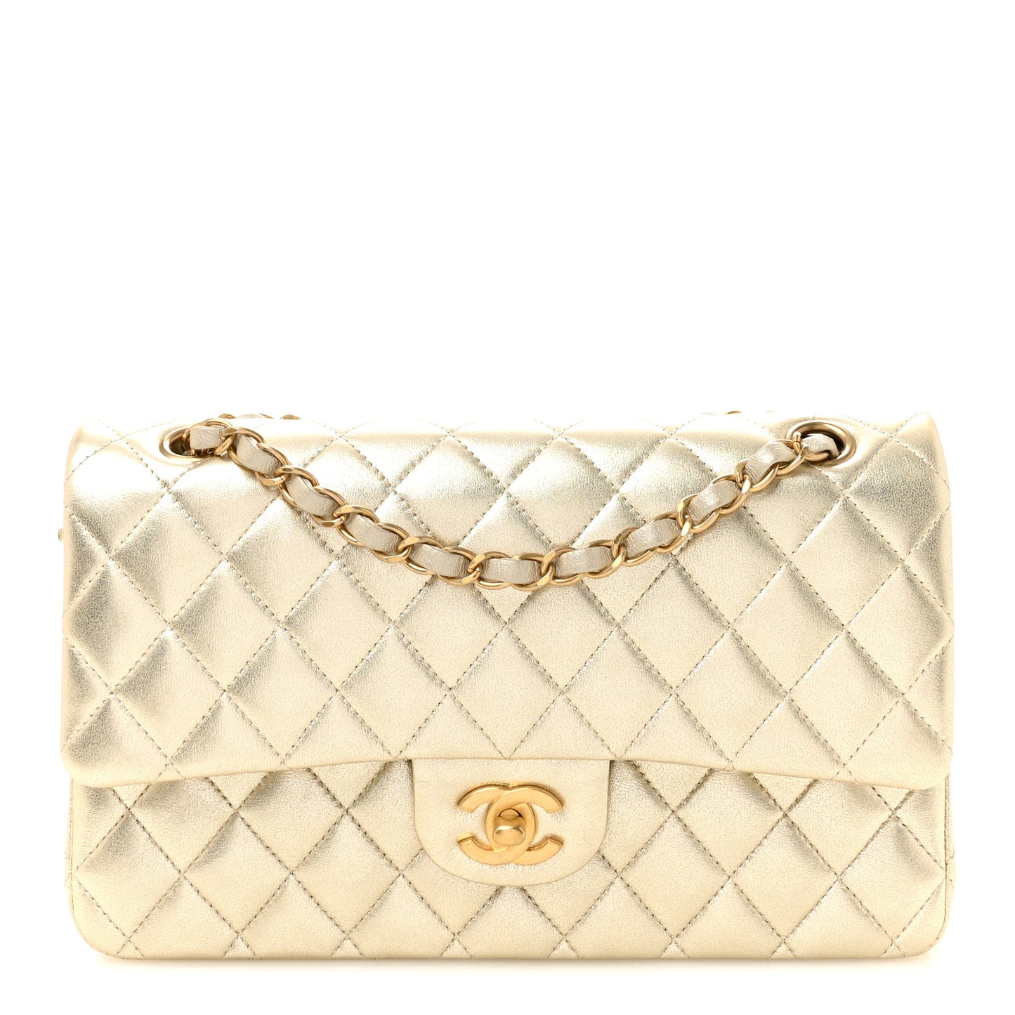 Metallic Lambskin Quilted Medium Double Flap Gold