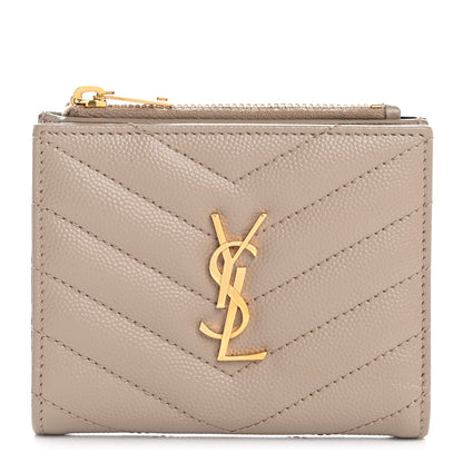 Saint Laurent Grain De Poudre Matelasse Chevron Monogram Zipped Card Case Dark Beige 1 of 12