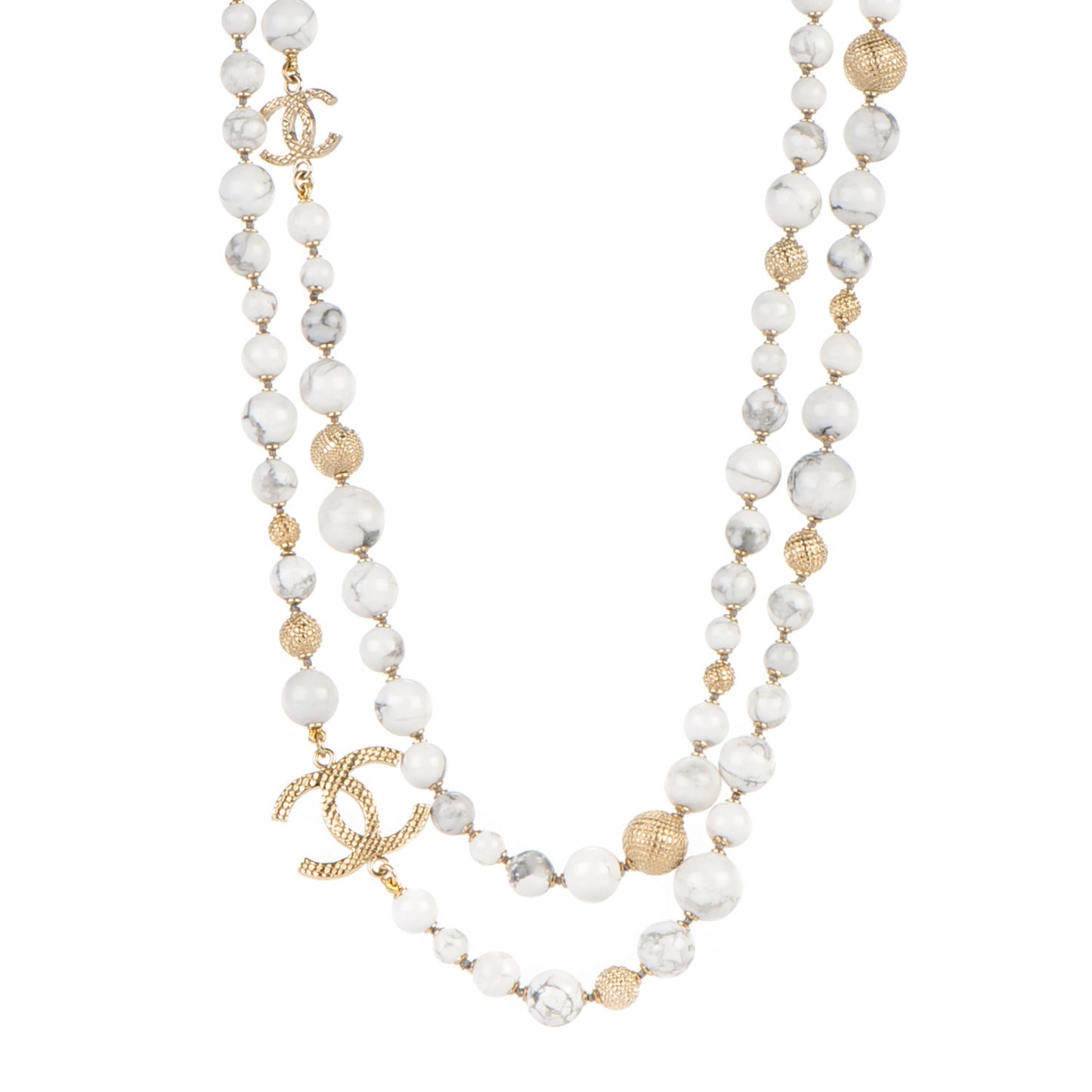 Bead CC Long Necklace Gold White