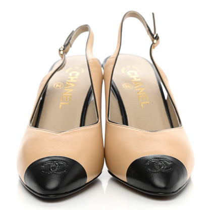 Chanel Lambskin Cap Toe CC Slingback Pumps 39.5 Beige Black 2 of 10
