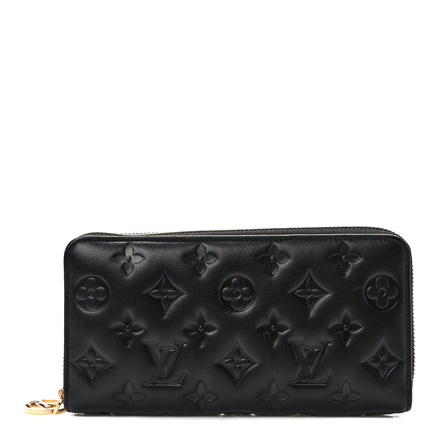 Lambskin Embossed Monogram Coussin Zippy Wallet Black