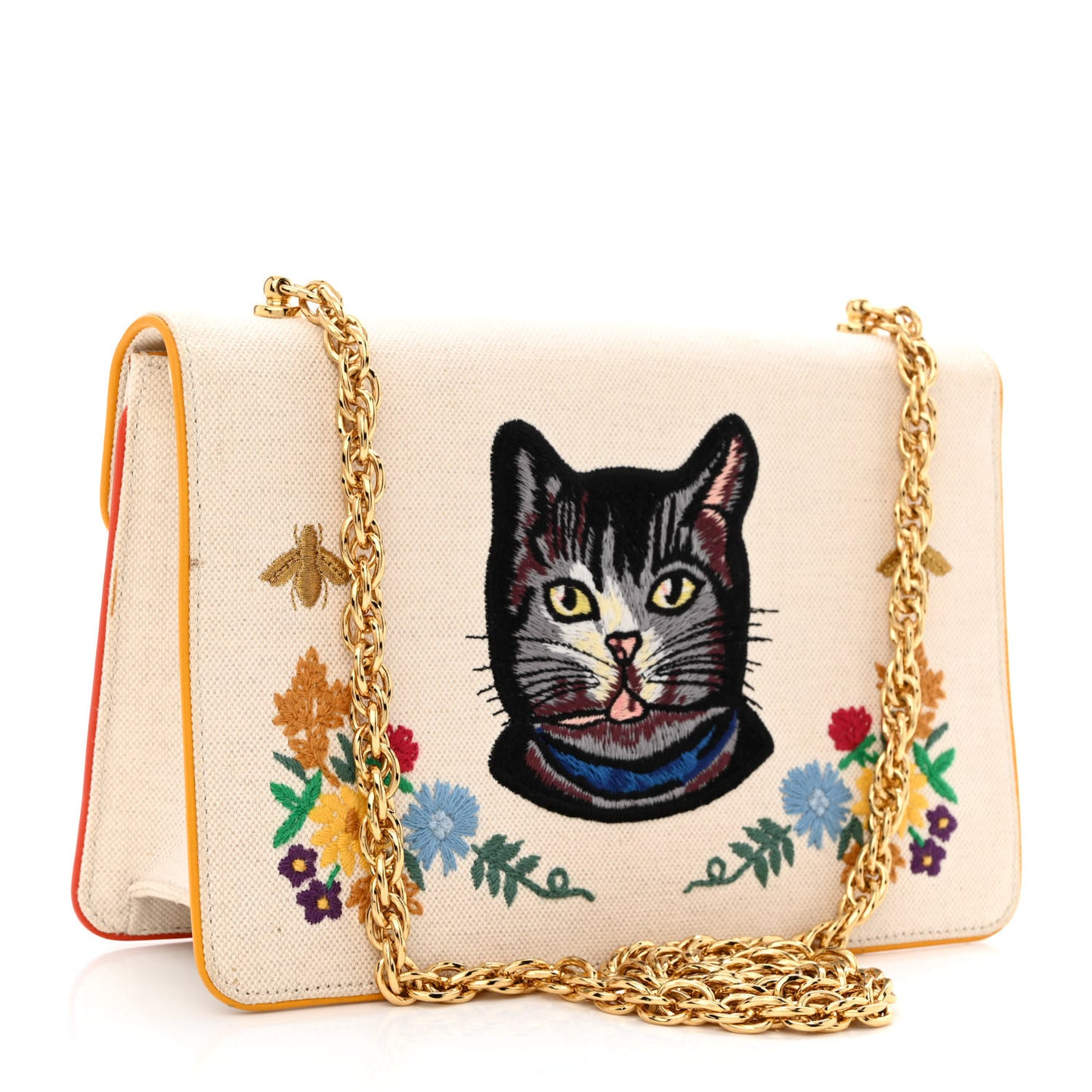 Linen Canvas Embroidered Small Shoulder Bag White
